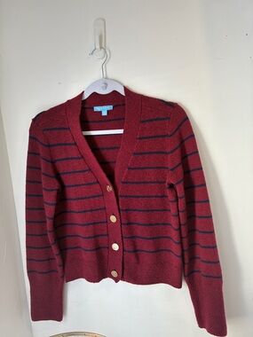 Draper James Burgundy Striped V-Neck Cardigan with Gold Buttons Worn 1X Size